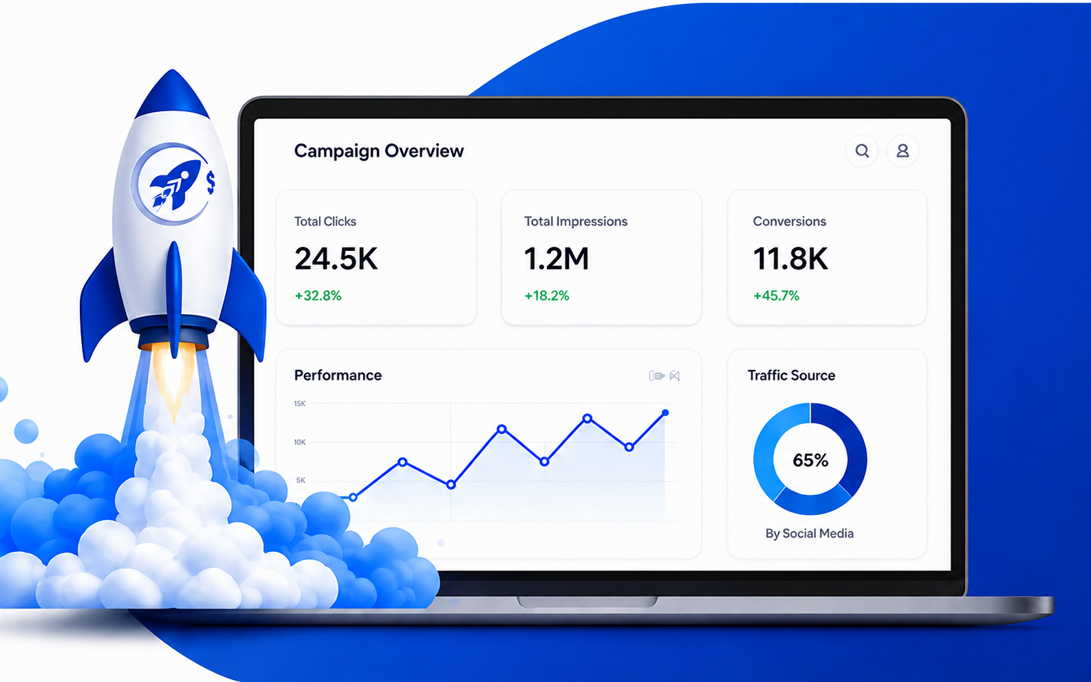 Illustrative digital marketing campaign dashboard and rocket